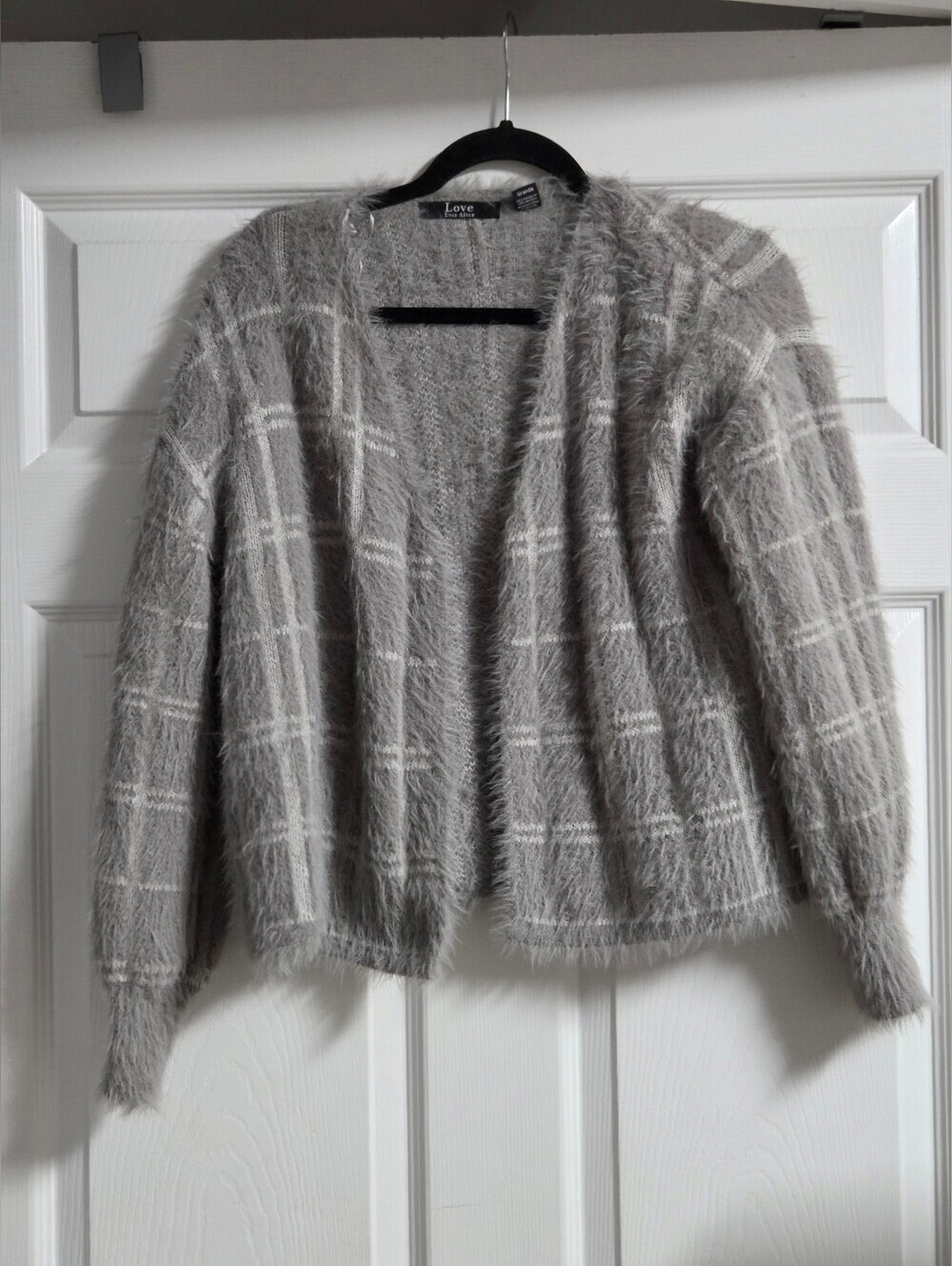 Love Ever After Gray Fuzzy Plaid Open Cardigan Size L - Picture 1 of 5